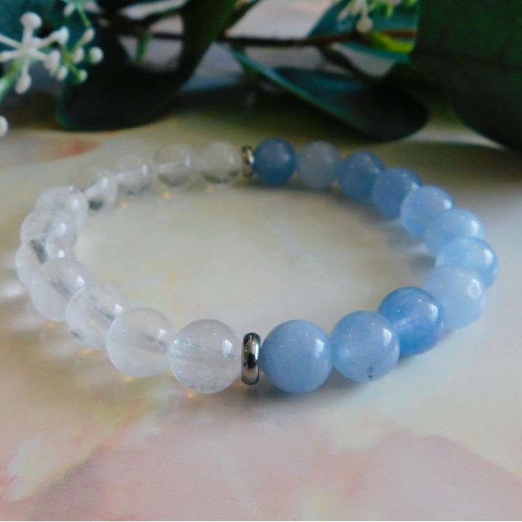 Tranquility Angelite And Quartz Crystal Bead Bracelet Silver Blue Pastel Clear